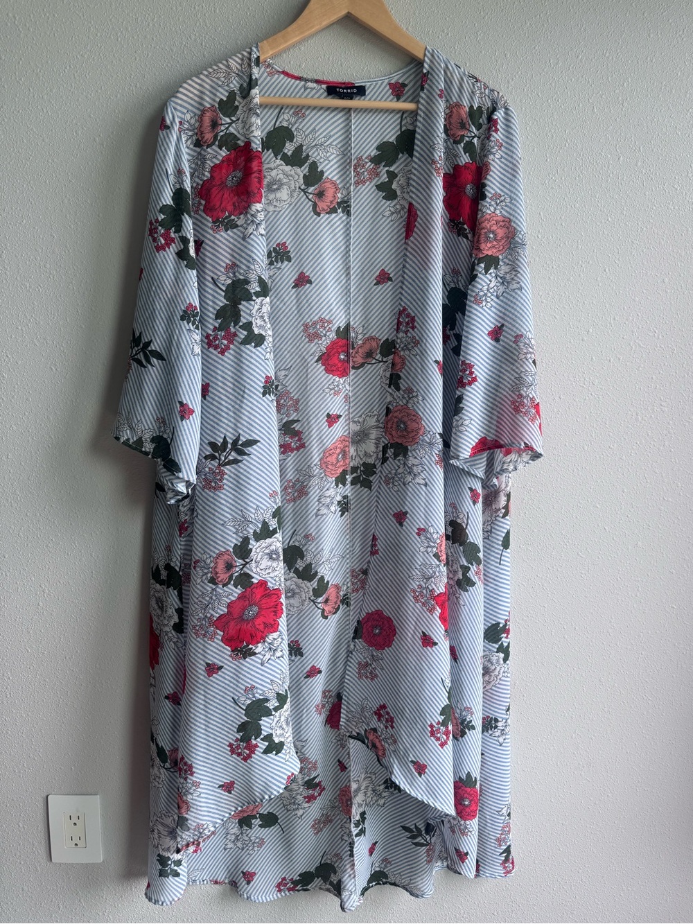 torrid Blue-White Striped Floral Top with Pink Blooms